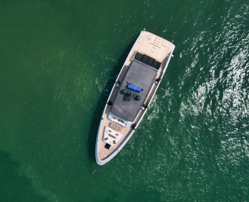 Aerial drone view of SeaWind yacht rental in Singapore