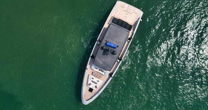 Aerial drone view of SeaWind yacht rental in Singapore