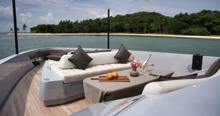 View of Seawind yacht anchored at Lazarus Island